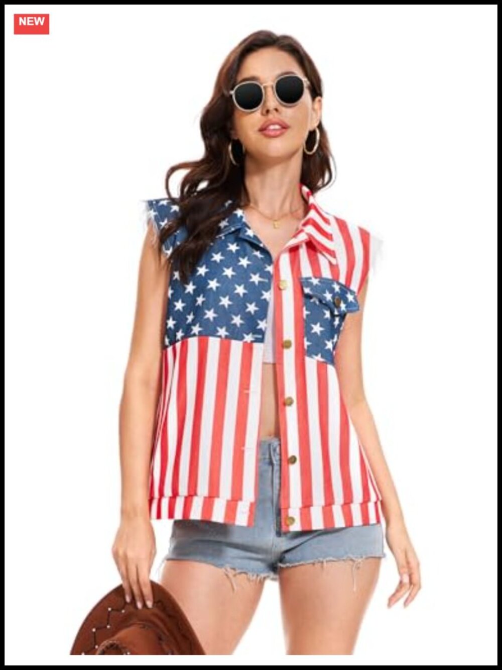 Women's Patriotic Denim Vest, Sleeveless 4th of July Jean Jacket